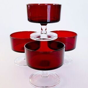 Vintage Set of 4 Ruby Red Luminarc Desert Glasses Made in France​